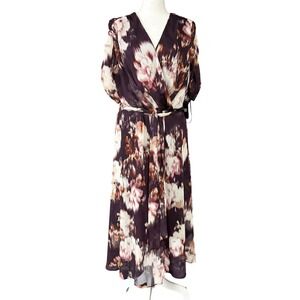 DKNY Dress Womens 14W Purple Floral‎ Wrap Belted Midi Plus Size PD4FI786